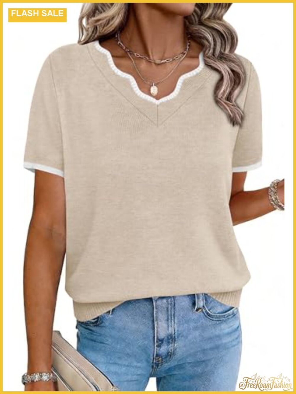 OFEEFAN Short Sleeve V Neck Sweater Women Lightweight Business Casual